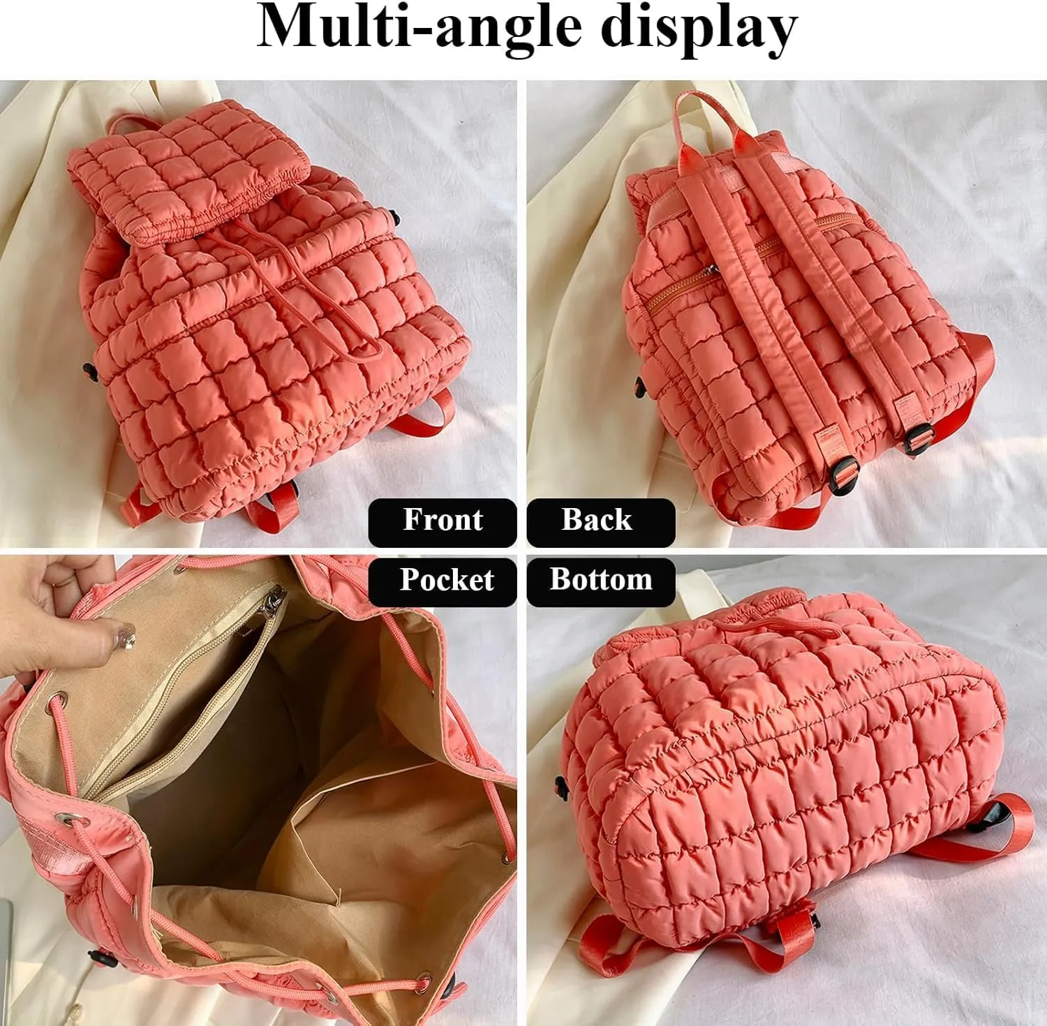 Quilted Backpack For Women Lightweight Trendy Puffer Cotton Top Flap Drawstring Backpack Travel Cloud Gym Bag (Dark Green)