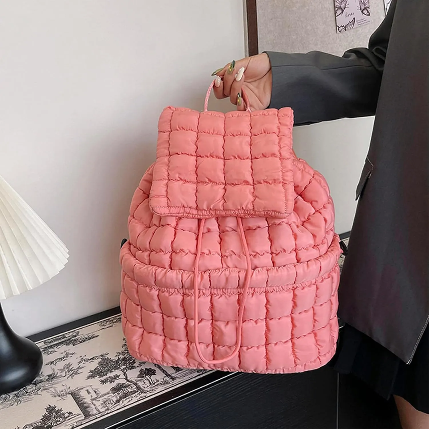 Quilted Backpack For Women Lightweight Trendy Puffer Cotton Top Flap Drawstring Backpack Travel Cloud Gym Bag (Dark Green)