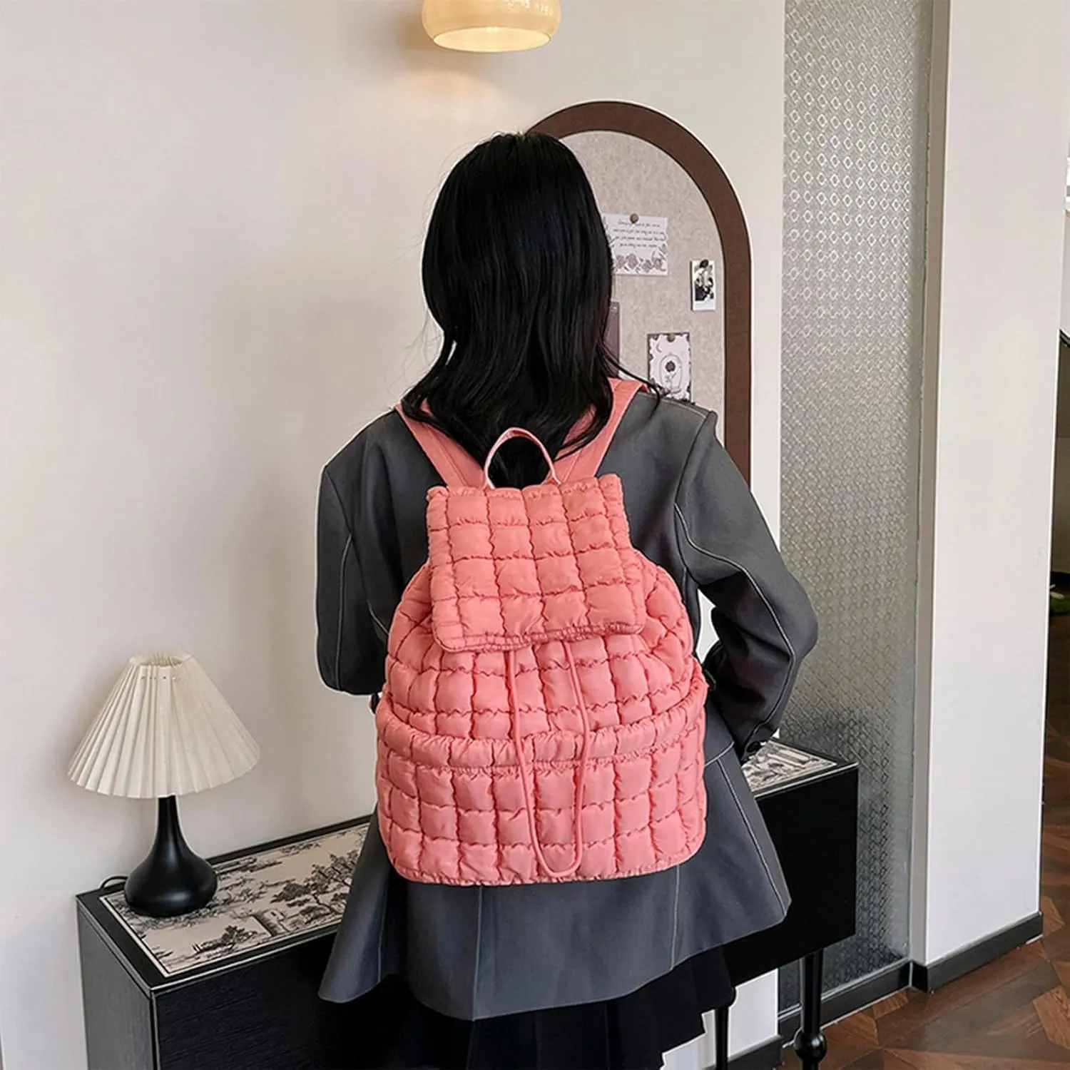 Quilted Backpack For Women Lightweight Trendy Puffer Cotton Top Flap Drawstring Backpack Travel Cloud Gym Bag (Dark Green)