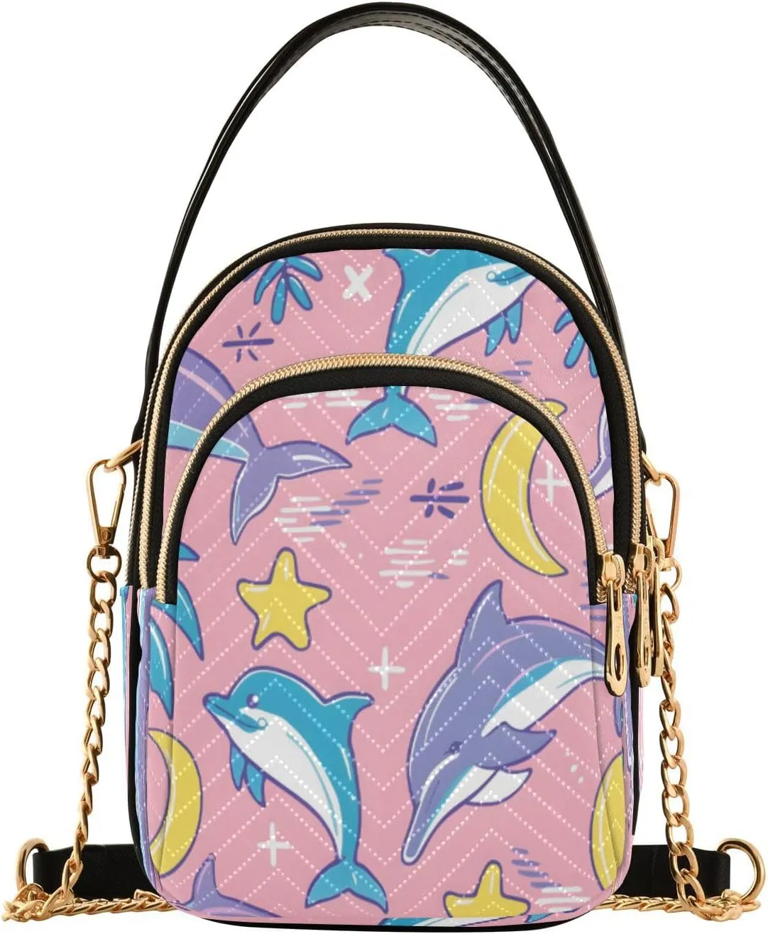 Quilted Crossbody Bags for Women,Pink Palm Jump Dolphin Women's Crossbody Handbags Small Travel Purses Phone Bag