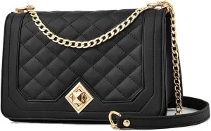 Quilted Crossbody Purse, PU Leather Shoulder Bag with Gold Chain Strap, Black