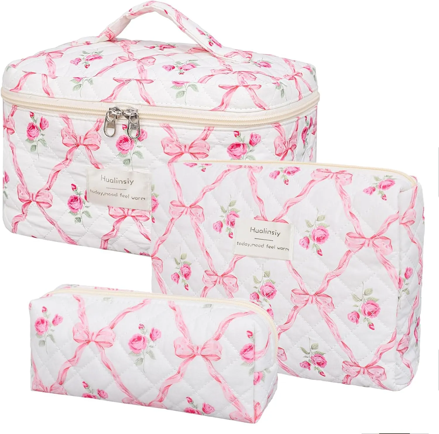 Quilted Makeup Bag Set ， 3 PCS Cute Cotton Cosmetic Bag Set, Flower Bow Travel Toiletry Organizer Bags ，Large Coquette Aesthetic Make Up Cosmetic Bag For Women (red-flower)