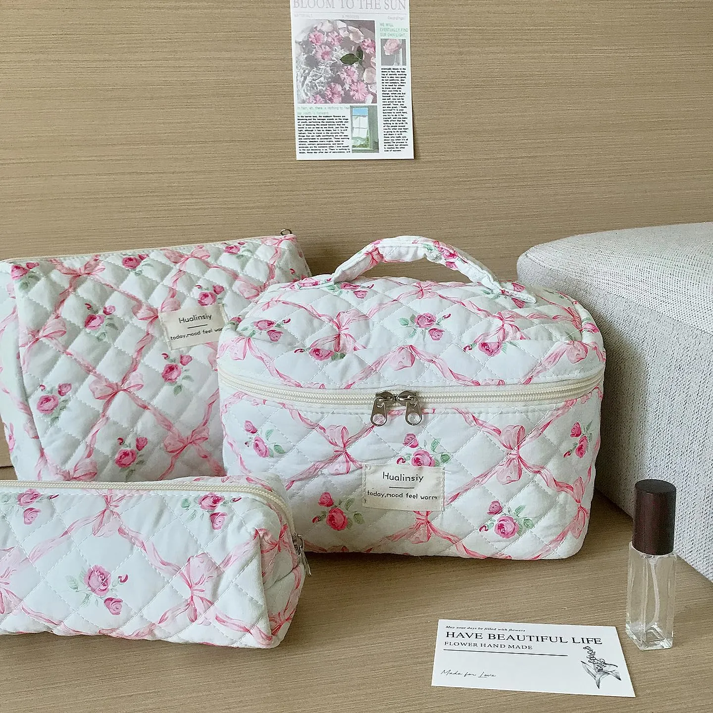 Quilted Makeup Bag Set ， 3 PCS Cute Cotton Cosmetic Bag Set, Flower Bow Travel Toiletry Organizer Bags ，Large Coquette Aesthetic Make Up Cosmetic Bag For Women (red-flower)