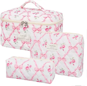 Quilted Makeup Bag Set ， 3 PCS Cute Cotton Cosmetic Bag Set, Flower Bow Travel Toiletry Organizer Bags ，Large Coquette Aesthetic Make Up Cosmetic Bag For Women (red-flower)