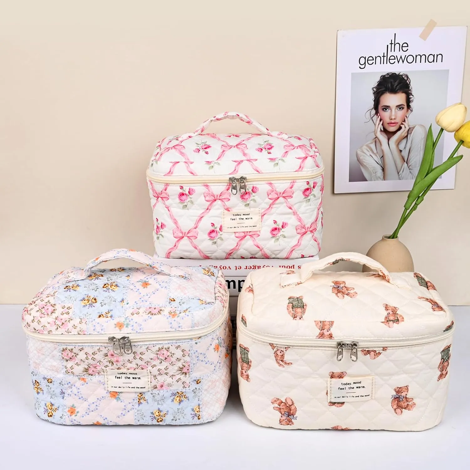Quilted Makeup Bag Set, 3PCS Cosmetic Organizers for Women, Travel Toiletry Bags with Zipper Closure, Coquette Floral Make up Pouch