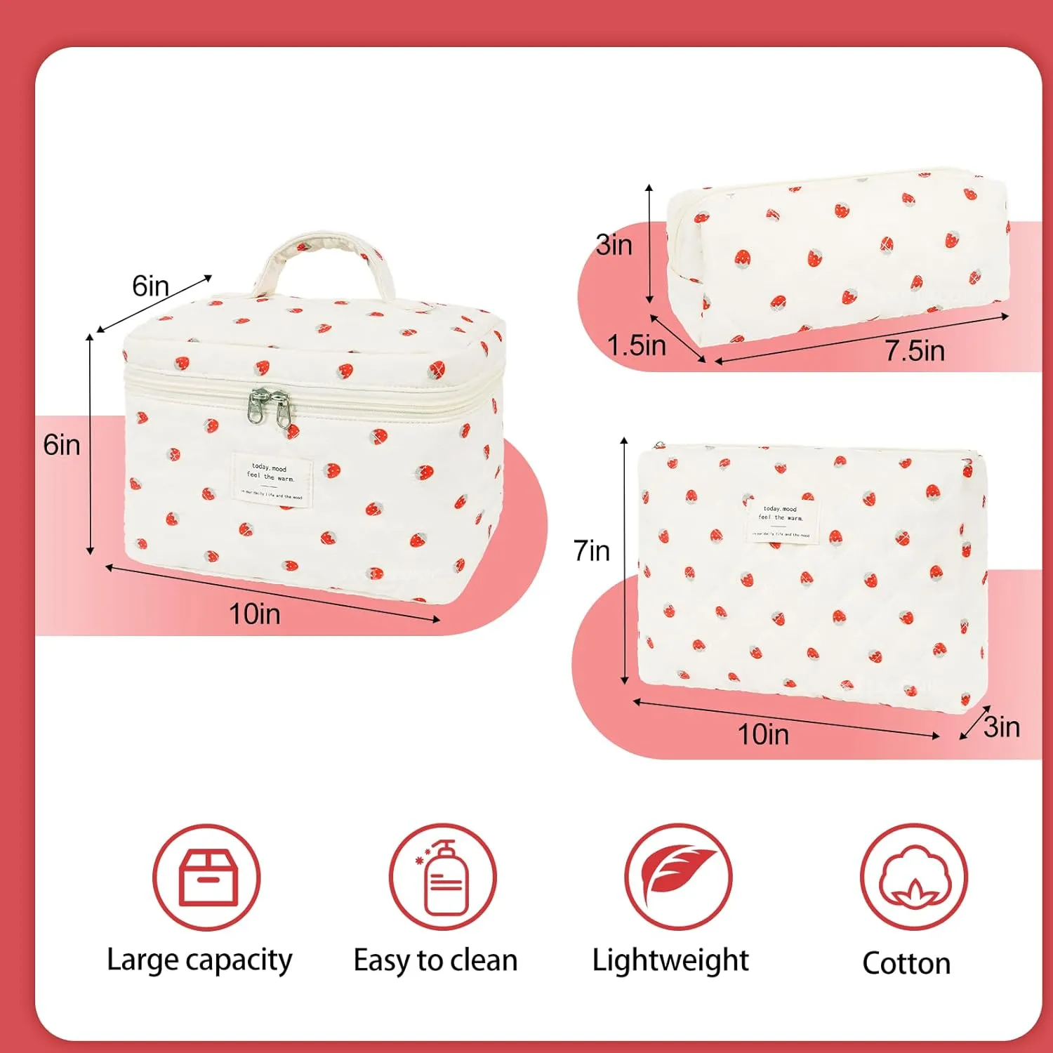 Quilted Makeup Bag Set, 3PCS Cosmetic Organizers for Women, Travel Toiletry Bags with Zipper Closure, Coquette Floral Make up Pouch