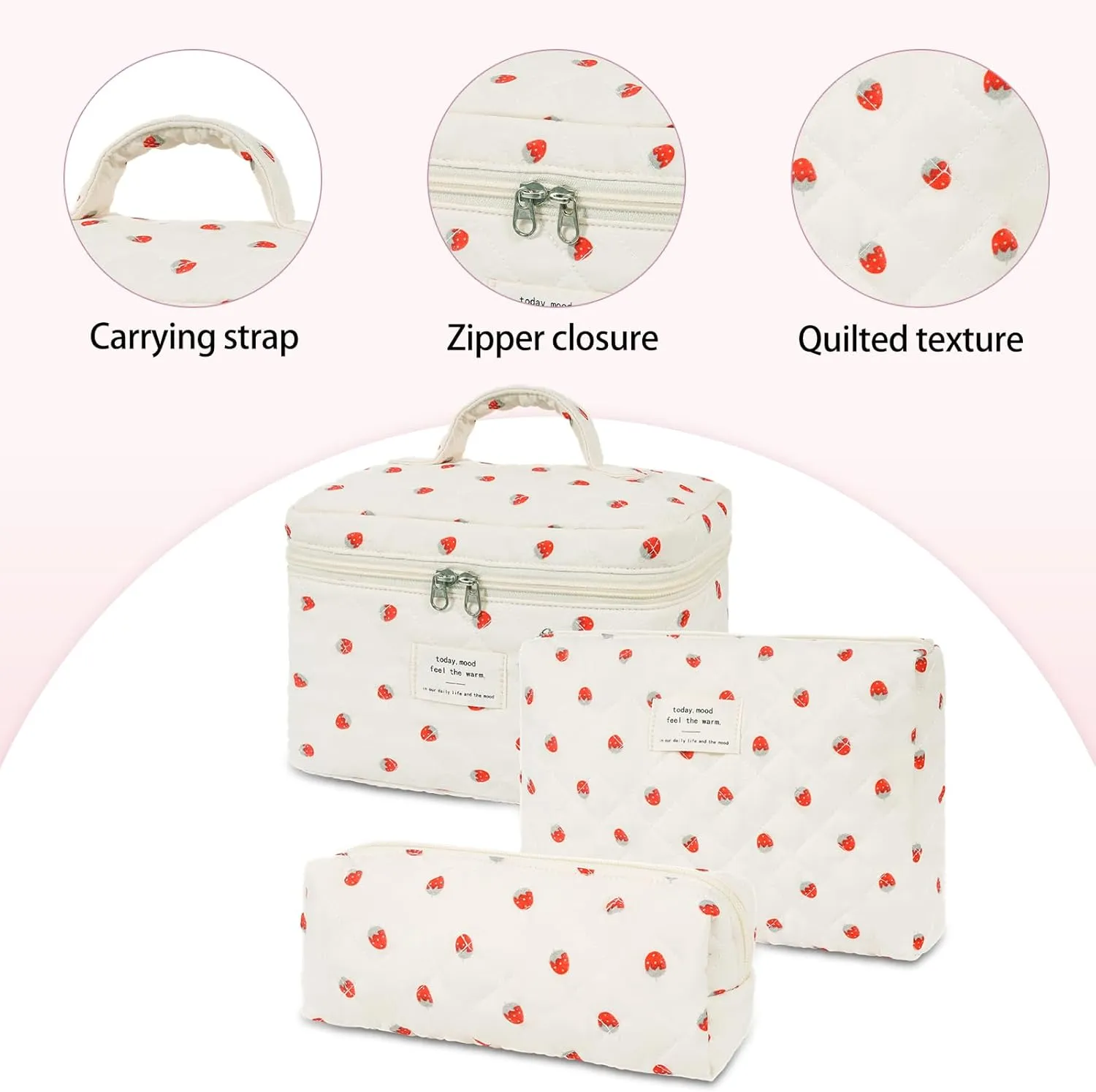 Quilted Makeup Bag Set, 3PCS Cosmetic Organizers for Women, Travel Toiletry Bags with Zipper Closure, Coquette Floral Make up Pouch