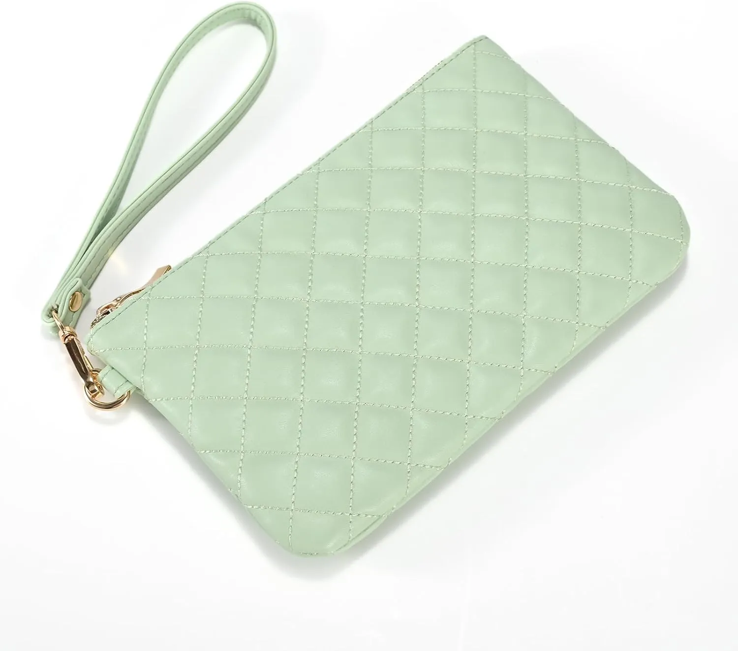 Quilted Wristlet Purse for Women, Vegan Leather Wristlet Pouch Zip Clutch Bag, Evening Clutch Purse with strap