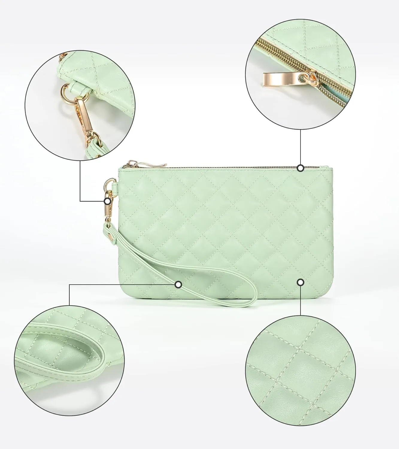 Quilted Wristlet Purse for Women, Vegan Leather Wristlet Pouch Zip Clutch Bag, Evening Clutch Purse with strap