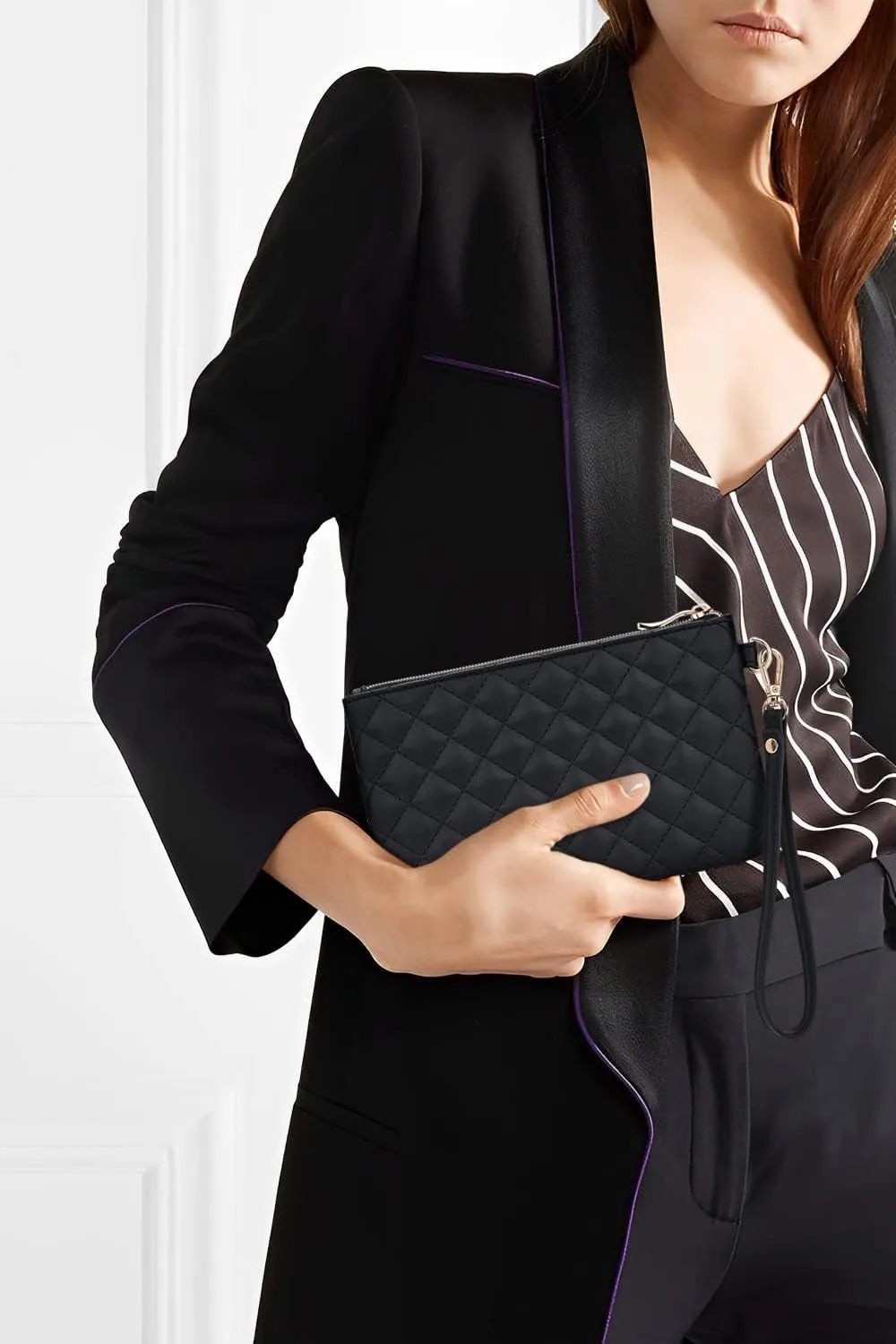 Quilted Wristlet Purse for Women, Vegan Leather Wristlet Pouch Zip Clutch Bag, Evening Clutch Purse with strap