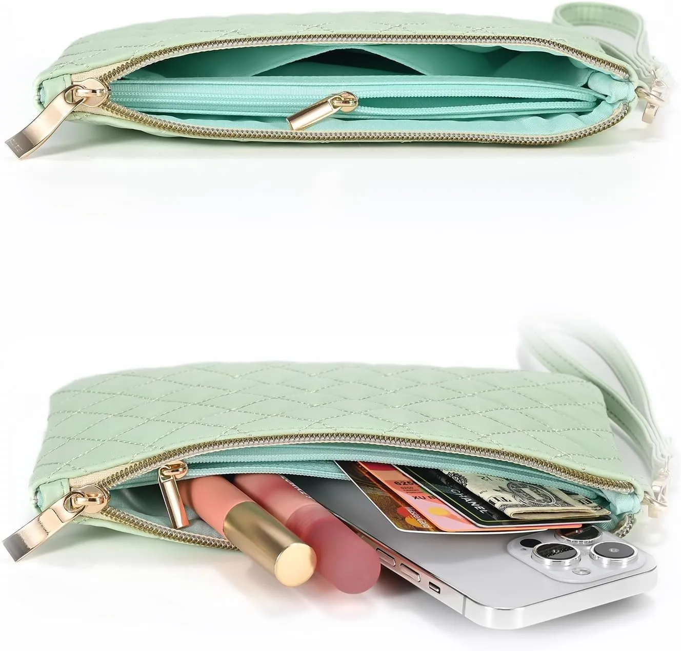 Quilted Wristlet Purse for Women, Vegan Leather Wristlet Pouch Zip Clutch Bag, Evening Clutch Purse with strap