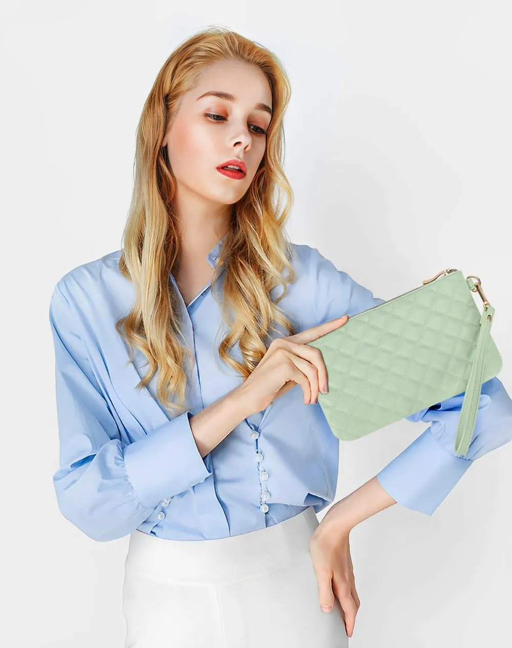 Quilted Wristlet Purse for Women, Vegan Leather Wristlet Pouch Zip Clutch Bag, Evening Clutch Purse with strap