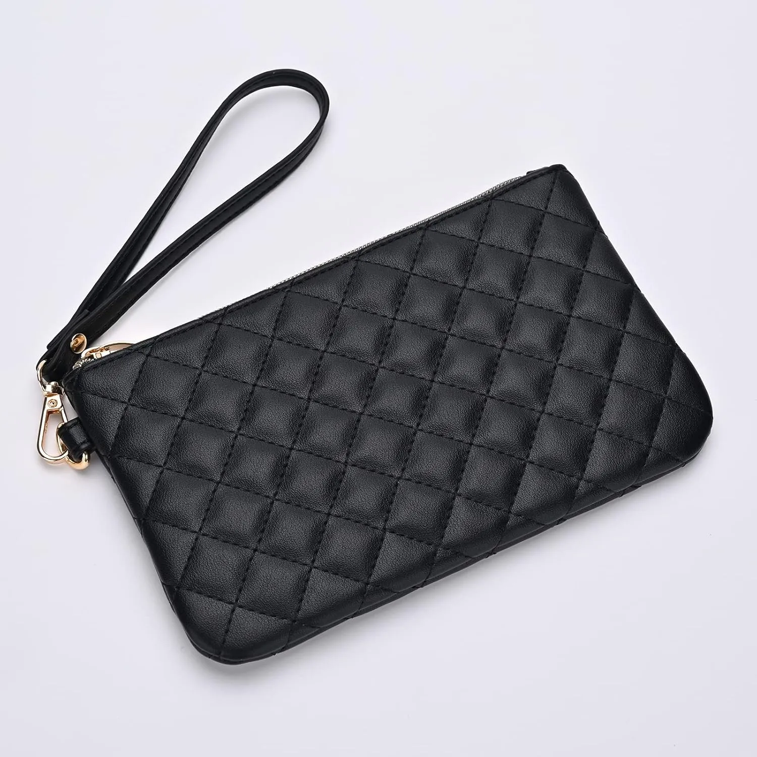 Quilted Wristlet Purse for Women, Vegan Leather Wristlet Pouch Zip Clutch Bag, Evening Clutch Purse with strap