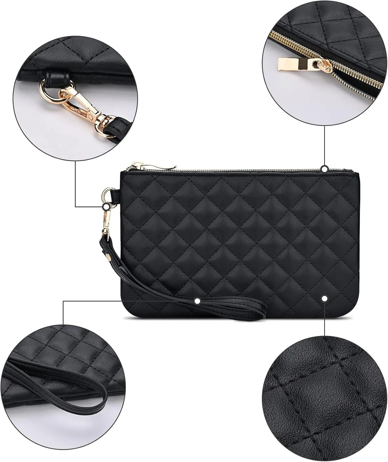 Quilted Wristlet Purse for Women, Vegan Leather Wristlet Pouch Zip Clutch Bag, Evening Clutch Purse with strap