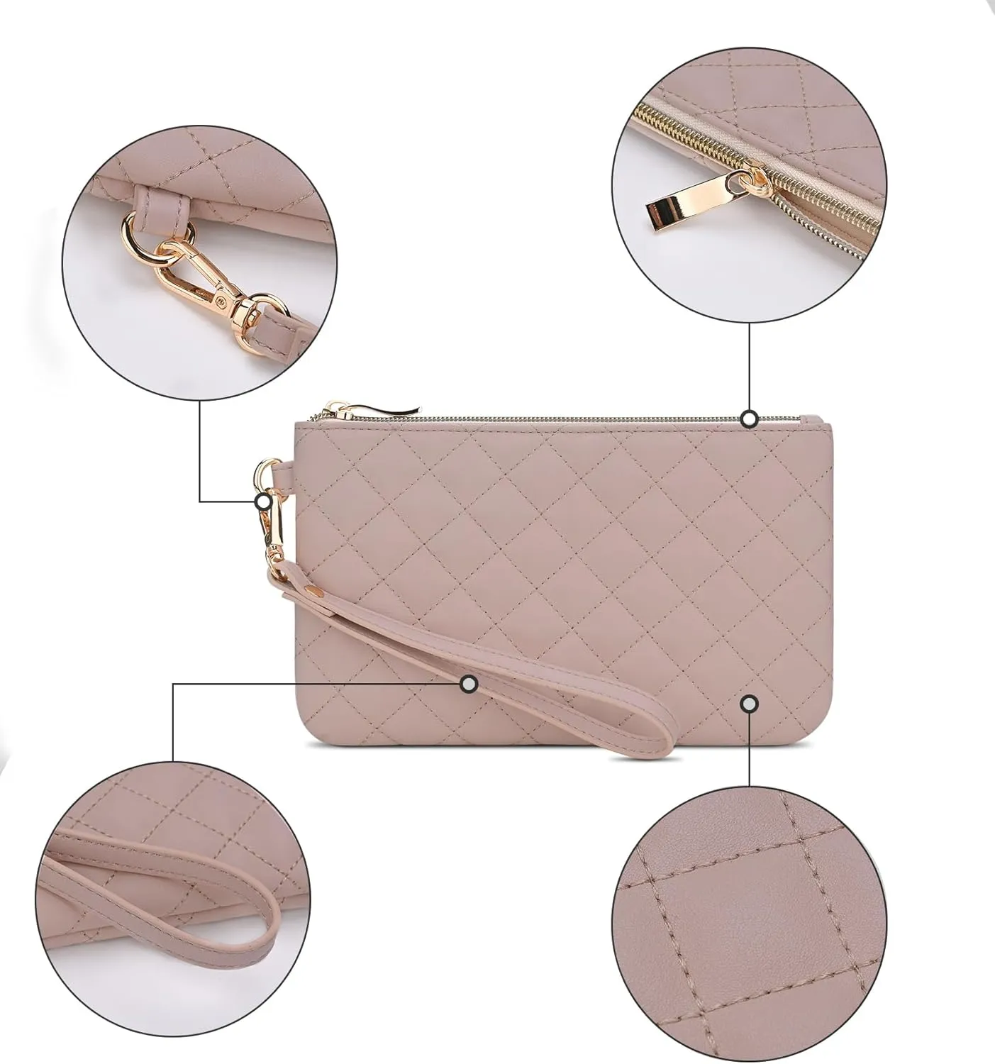 Quilted Wristlet Purse for Women, Vegan Leather Wristlet Pouch Zip Clutch Bag, Evening Clutch Purse with strap