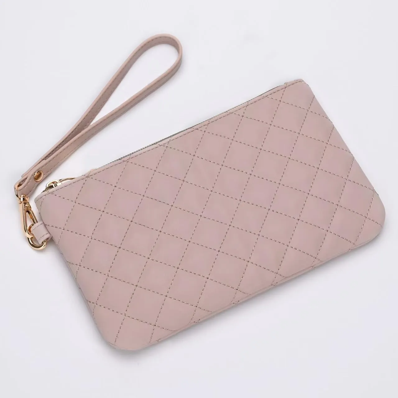 Quilted Wristlet Purse for Women, Vegan Leather Wristlet Pouch Zip Clutch Bag, Evening Clutch Purse with strap