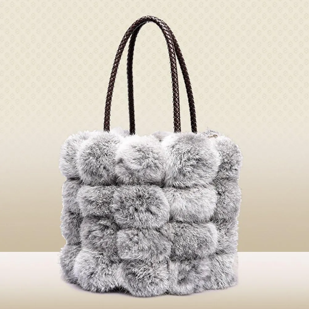 QZUnique Plush Bucket Handbag Faux Fur Drawstring Fluffy Crossbody Bag Handle Shoulder Tote Bag