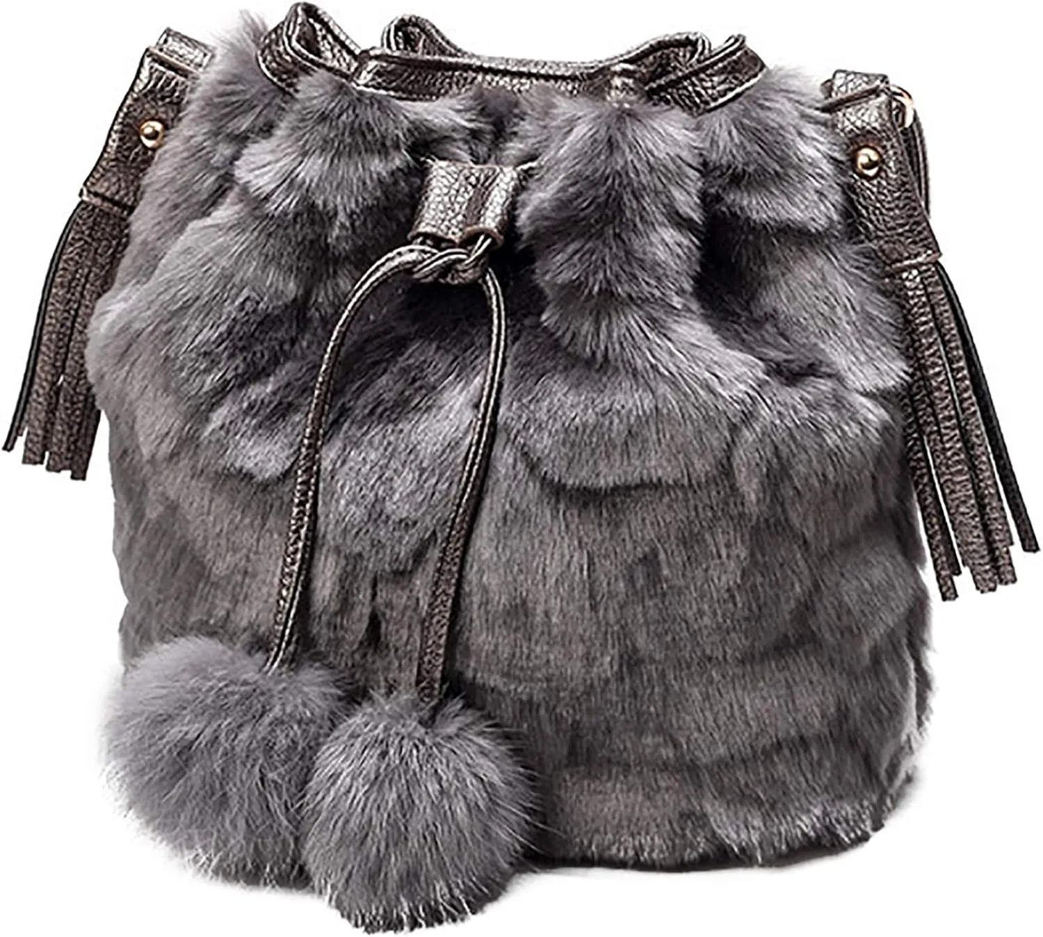 QZUnique Plush Bucket Handbag Faux Fur Drawstring Fluffy Crossbody Bag Handle Shoulder Tote Bag