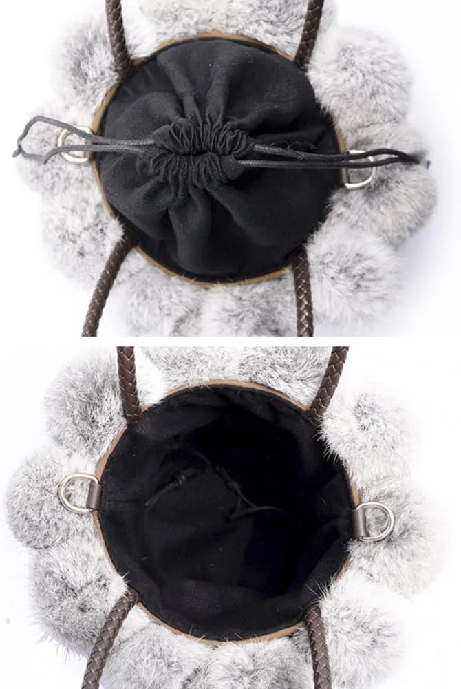 QZUnique Plush Bucket Handbag Faux Fur Drawstring Fluffy Crossbody Bag Handle Shoulder Tote Bag