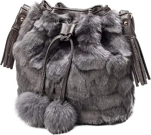 QZUnique Plush Bucket Handbag Faux Fur Drawstring Fluffy Crossbody Bag Handle Shoulder Tote Bag