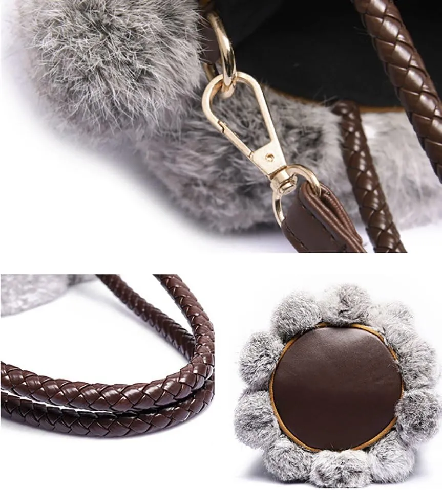 QZUnique Plush Bucket Handbag Faux Fur Drawstring Fluffy Crossbody Bag Handle Shoulder Tote Bag