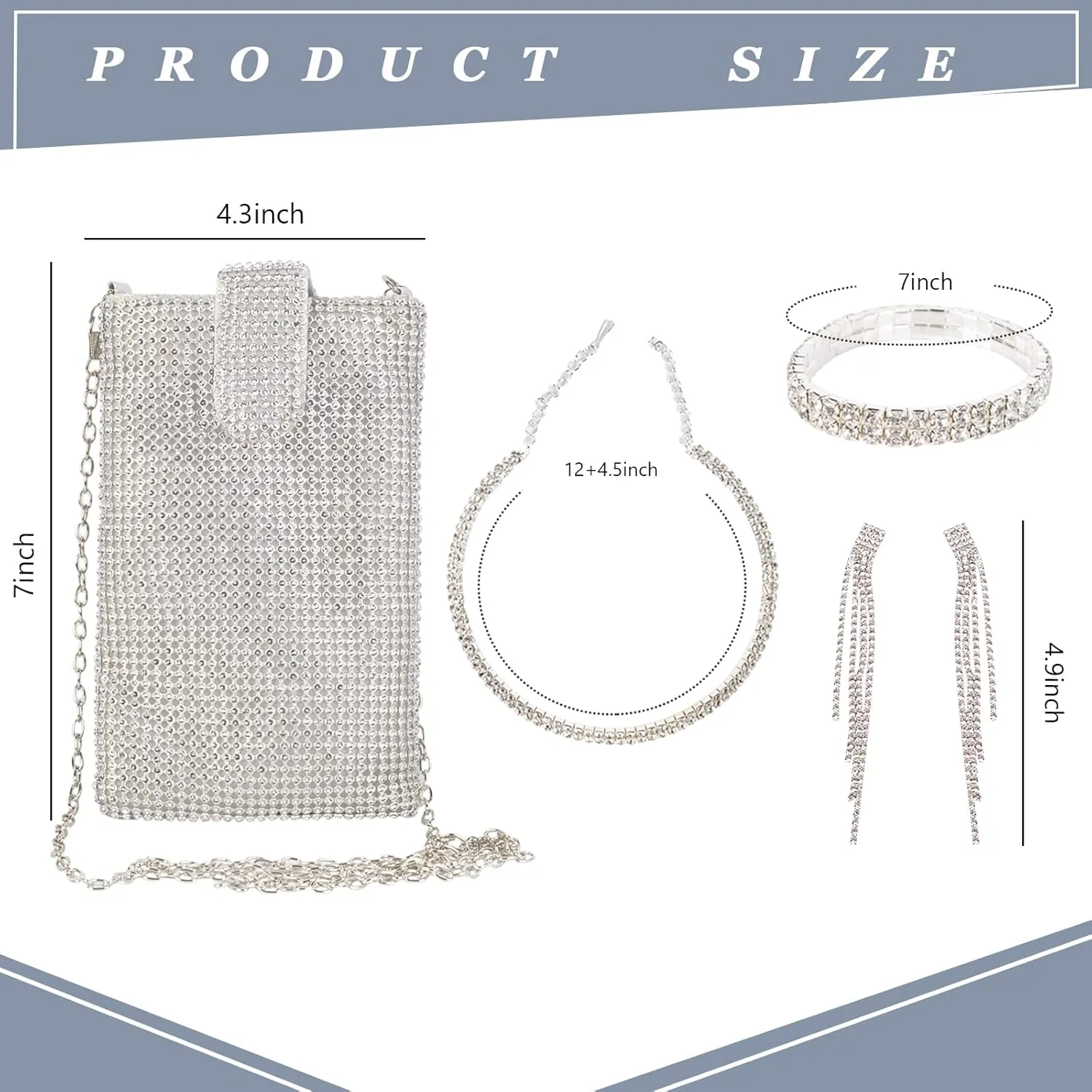 QZUnique Rhinestone/Sequin Bucket Bag with Jewelry Set Women Silver Bling Evening Handbag Glitter Diamond Cell Phone Purse