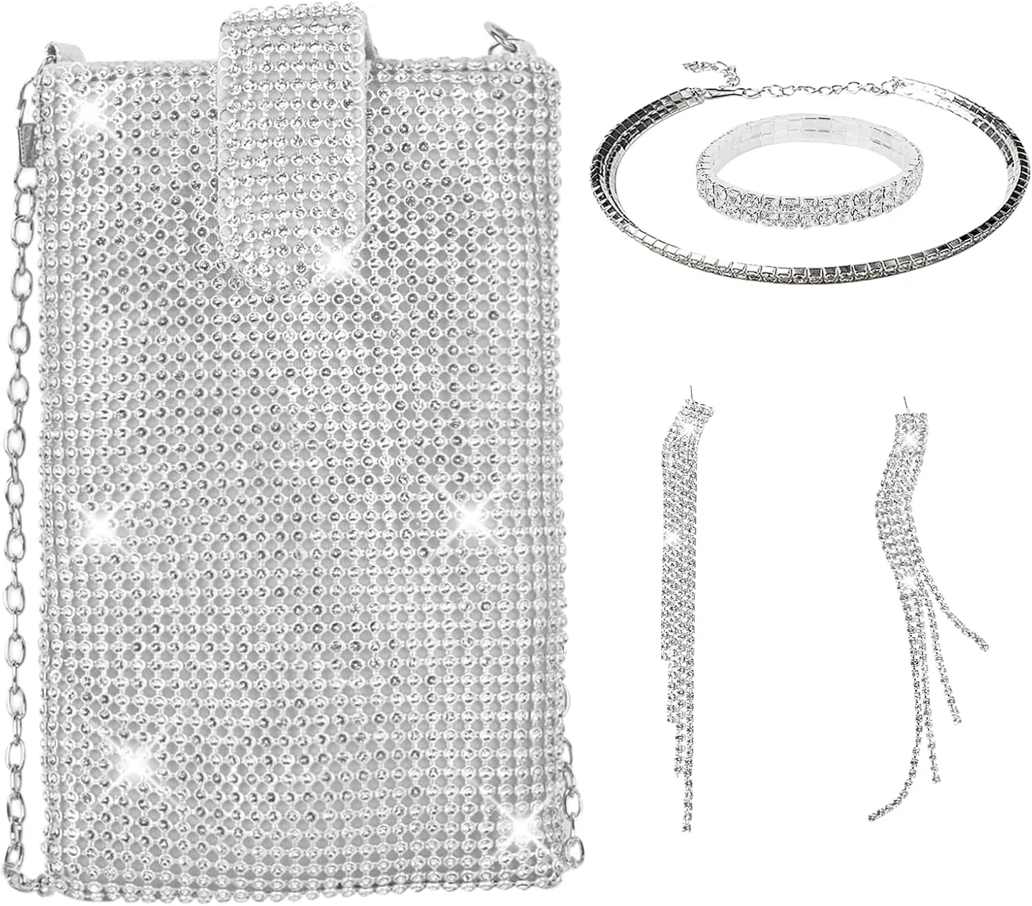 QZUnique Rhinestone/Sequin Bucket Bag with Jewelry Set Women Silver Bling Evening Handbag Glitter Diamond Cell Phone Purse
