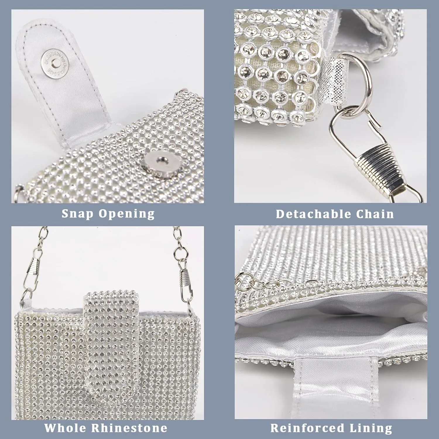 QZUnique Rhinestone/Sequin Bucket Bag with Jewelry Set Women Silver Bling Evening Handbag Glitter Diamond Cell Phone Purse