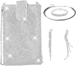 QZUnique Rhinestone/Sequin Bucket Bag with Jewelry Set Women Silver Bling Evening Handbag Glitter Diamond Cell Phone Purse
