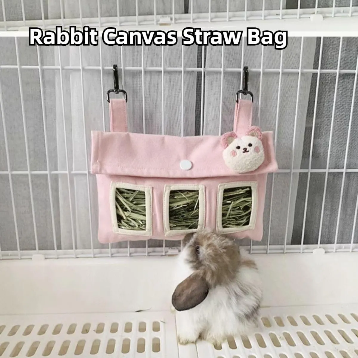 Rabbit Hay Feeder Bag, Guinea Pig, Large Capacity Cotton Canvas Hanging Bag for Bunnies Chinchillas (Pink,XL)