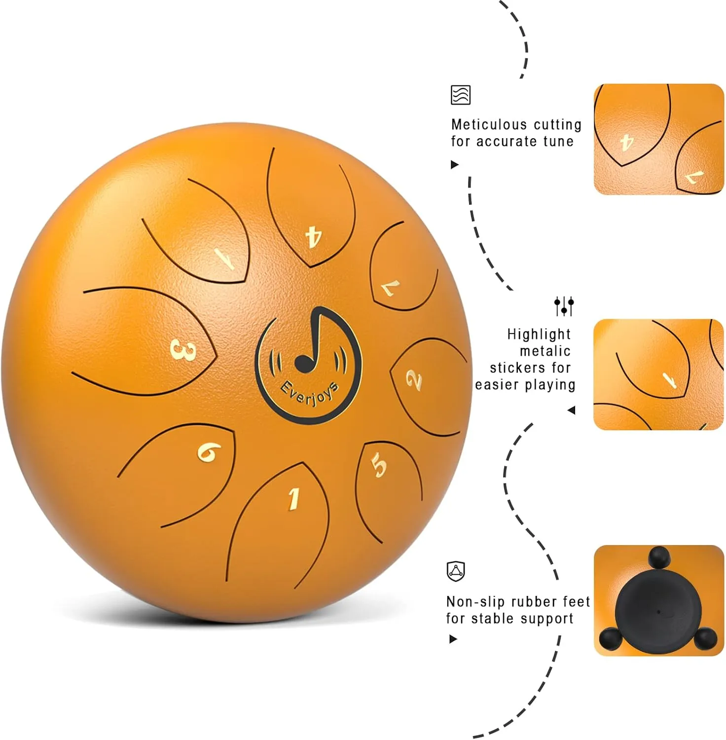Rain Drum for Outside- Steel Tongue Drum 8 Notes 6 Inches, Handpan Drum Percussion Instrument w/Gig Bag, Music Book, Mallets and Finger Paddles for Meditation Healing Concert Yoga（Gold）