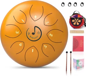 Rain Drum for Outside- Steel Tongue Drum 8 Notes 6 Inches, Handpan Drum Percussion Instrument w/Gig Bag, Music Book, Mallets and Finger Paddles for Meditation Healing Concert Yoga（Gold）