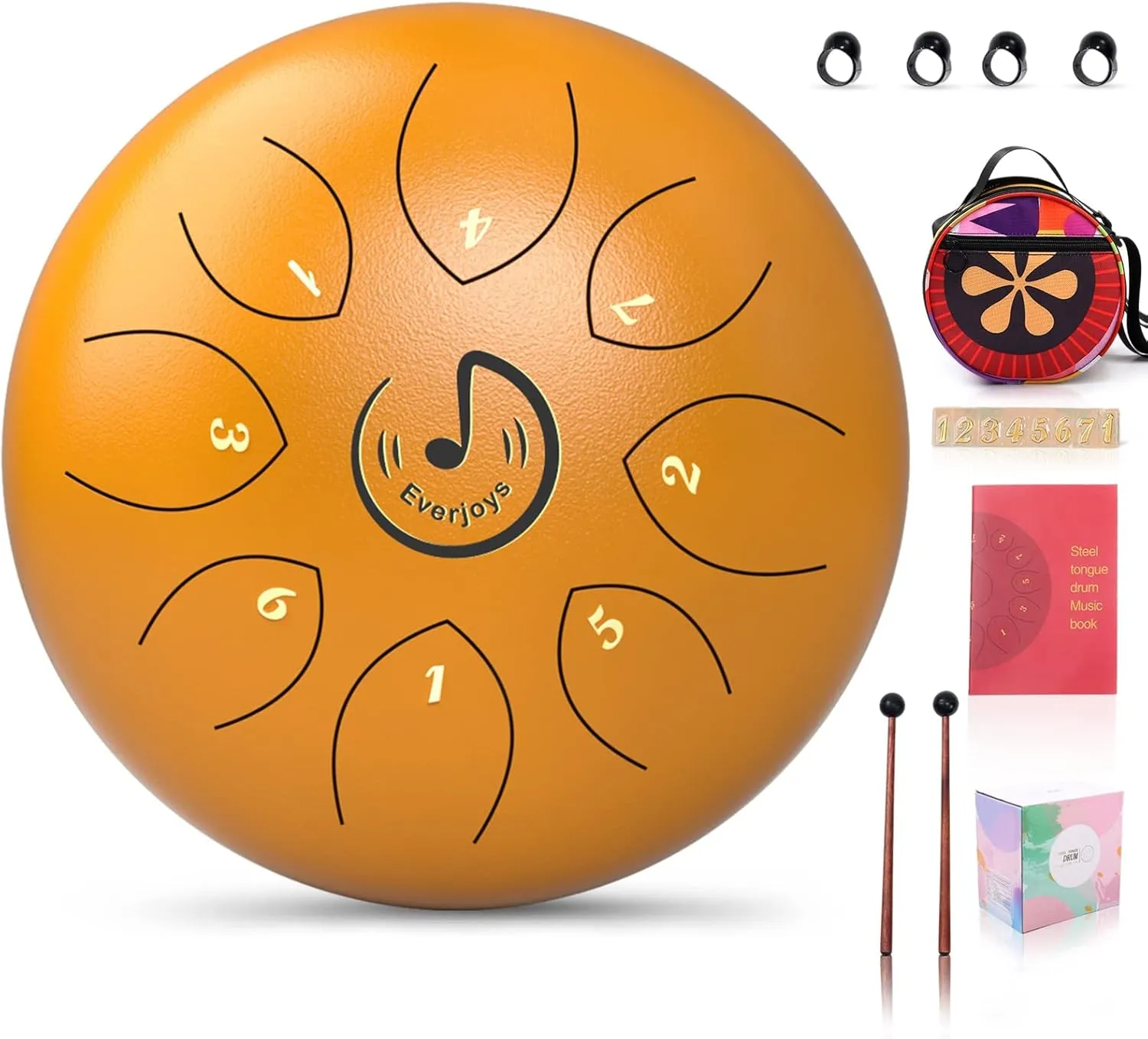 Rain Drum for Outside- Steel Tongue Drum 8 Notes 6 Inches, Handpan Drum Percussion Instrument w/Gig Bag, Music Book, Mallets and Finger Paddles for Meditation Healing Concert Yoga（Gold）