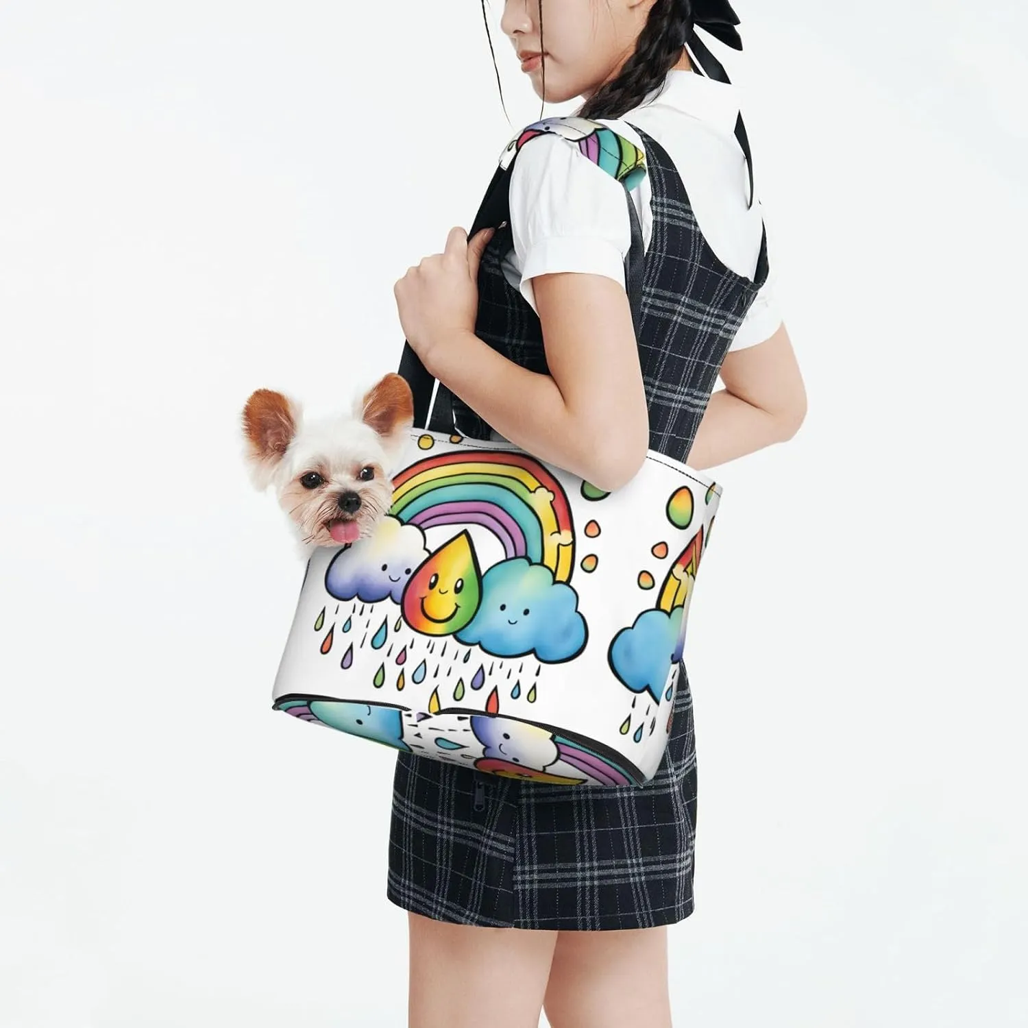 Rainbow Clouds Raindrop Print Pet Portable Shoulder Bag, Foldable Pet Bag 13.4 X 6.1 X 10.2 Inches for Subway/Shopping/Hiking