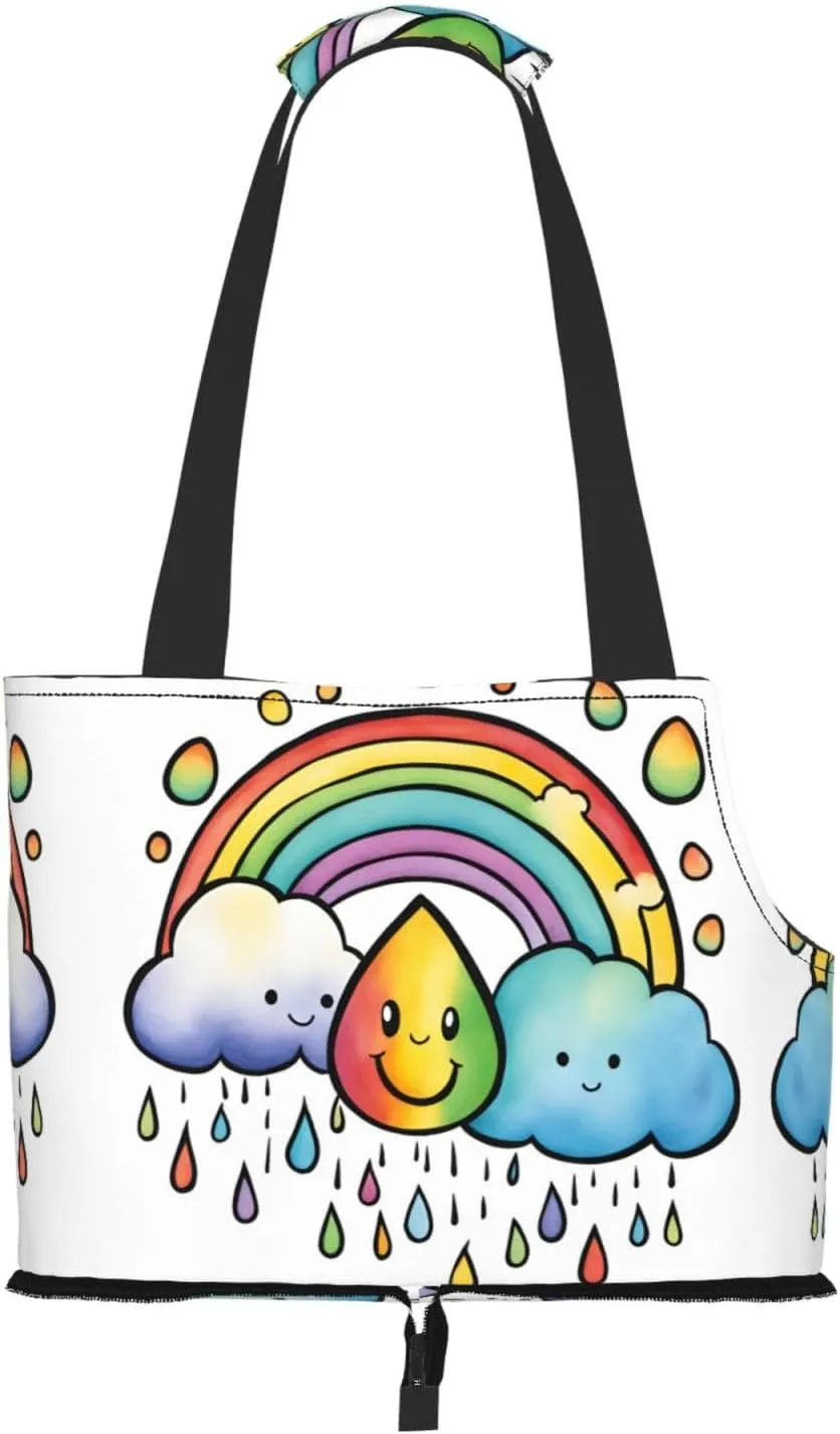 Rainbow Clouds Raindrop Print Pet Portable Shoulder Bag, Foldable Pet Bag 13.4 X 6.1 X 10.2 Inches for Subway/Shopping/Hiking