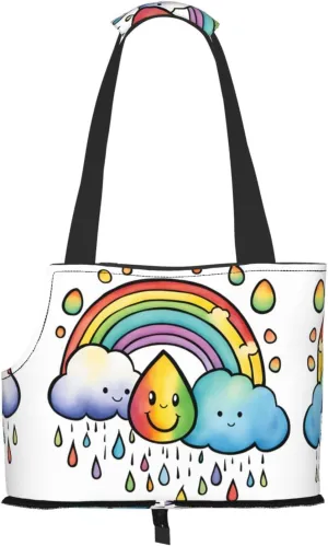 Rainbow Clouds Raindrop Print Pet Portable Shoulder Bag, Foldable Pet Bag 13.4 X 6.1 X 10.2 Inches for Subway/Shopping/Hiking