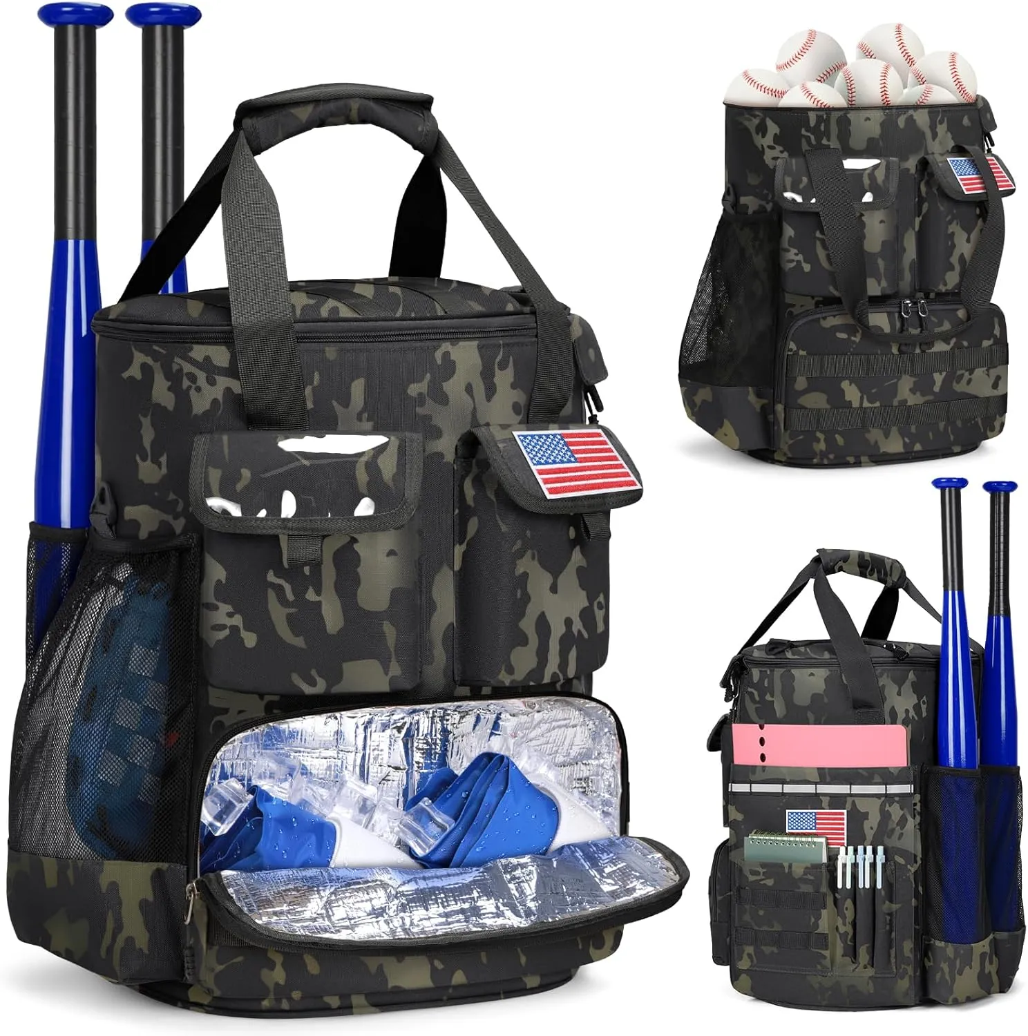 RAINSMORE Baseball Bucket Bag Baseball Coaches Accessories Organizer with Insulation Pocket Tactical Softball Bag with Anti-Slip Bottom, Multiple Pockets for Bat, Gloves, Scoreboards