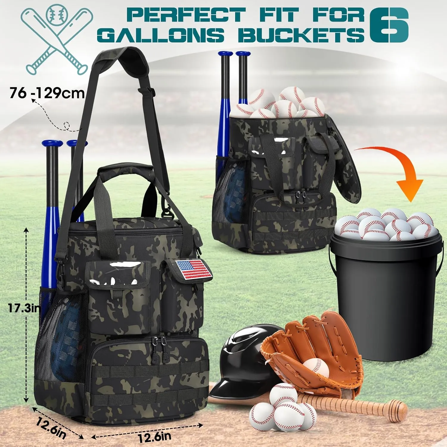 RAINSMORE Baseball Bucket Bag Baseball Coaches Accessories Organizer with Insulation Pocket Tactical Softball Bag with Anti-Slip Bottom, Multiple Pockets for Bat, Gloves, Scoreboards