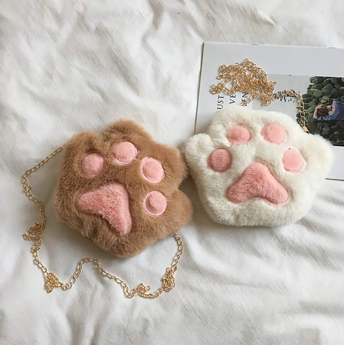 RARITYUS Cute Cat Paw Shape Shoulder Bag Purse Fluffy Plush Crossbody Handbag Clutch with Chain Strap for Women Girls