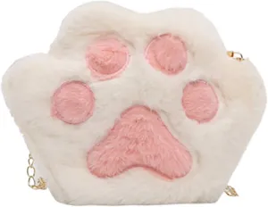 RARITYUS Cute Cat Paw Shape Shoulder Bag Purse Fluffy Plush Crossbody Handbag Clutch with Chain Strap for Women Girls