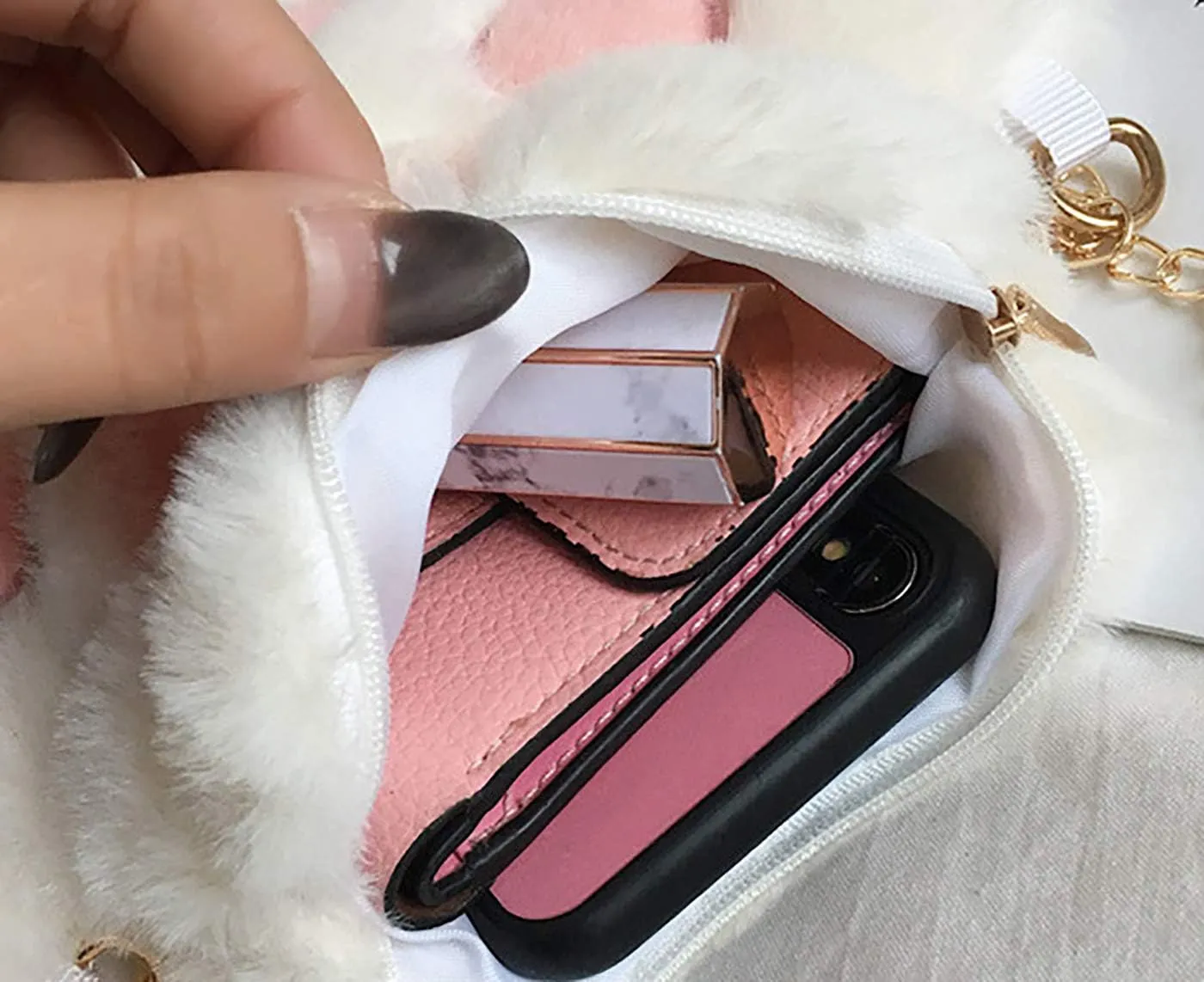 RARITYUS Cute Cat Paw Shape Shoulder Bag Purse Fluffy Plush Crossbody Handbag Clutch with Chain Strap for Women Girls