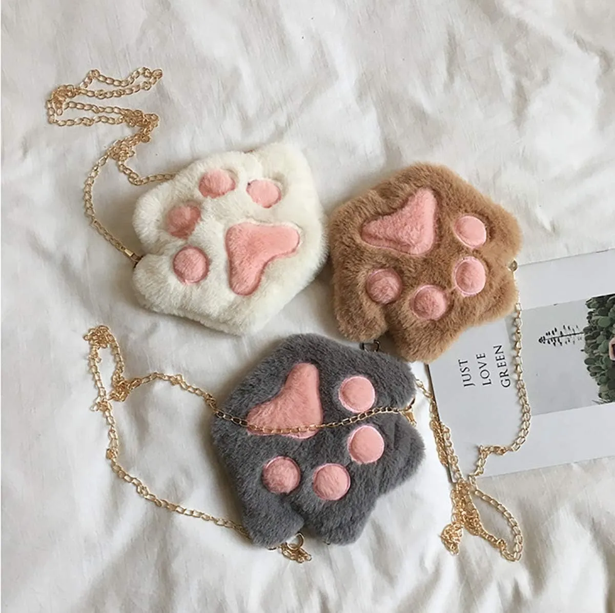 RARITYUS Cute Cat Paw Shape Shoulder Bag Purse Fluffy Plush Crossbody Handbag Clutch with Chain Strap for Women Girls