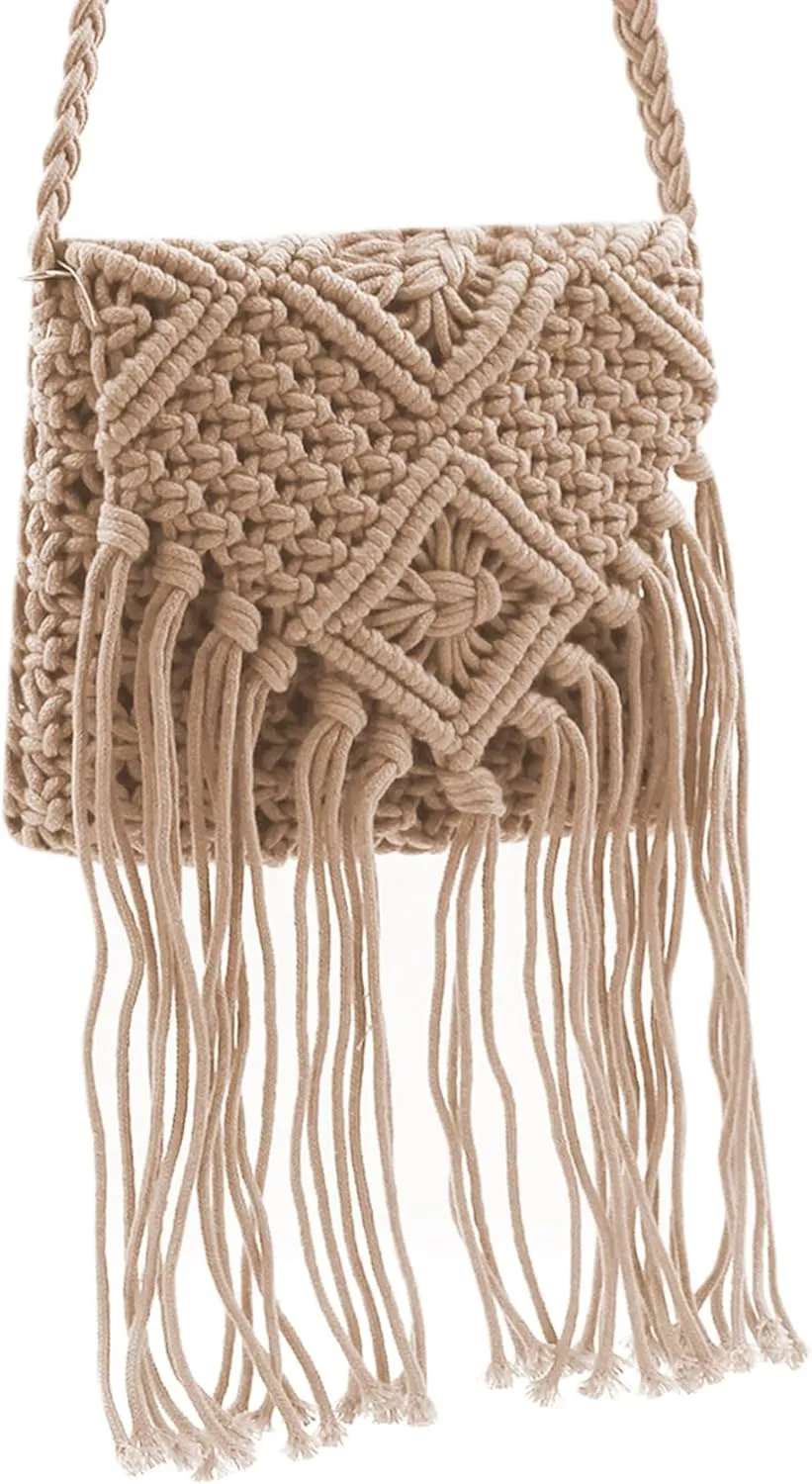 RARITYUS Women Cotton Crochet Tassel Crossbody Bag Handwoven Bohemian Shoulder Handbag Summer Beach Purse