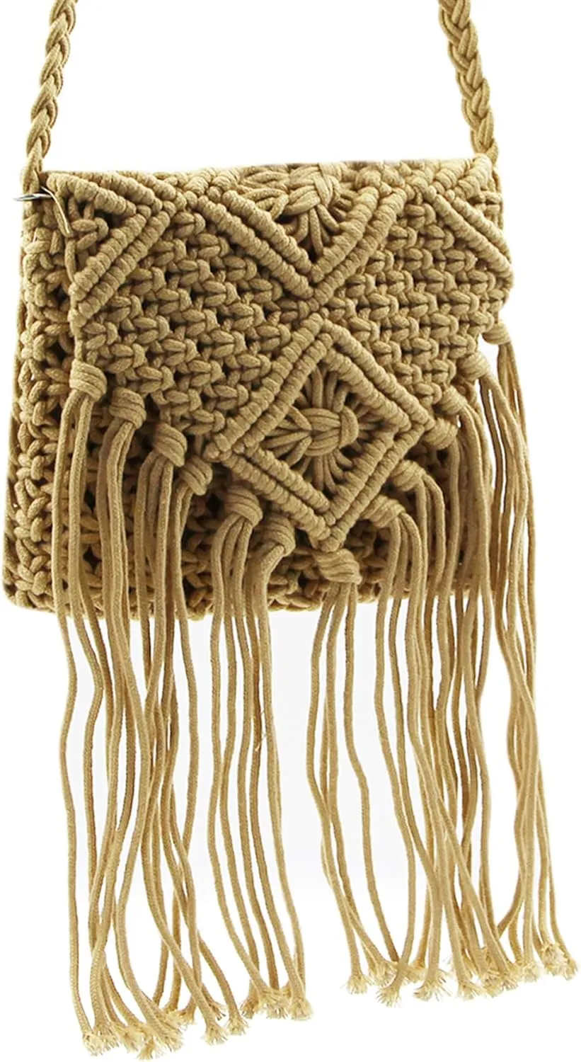 RARITYUS Women Cotton Crochet Tassel Crossbody Bag Handwoven Bohemian Shoulder Handbag Summer Beach Purse