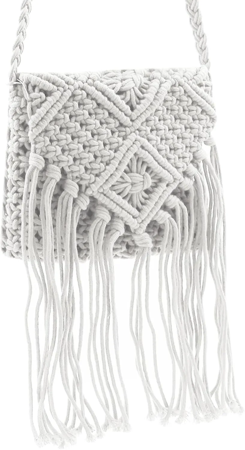 RARITYUS Women Cotton Crochet Tassel Crossbody Bag Handwoven Bohemian Shoulder Handbag Summer Beach Purse