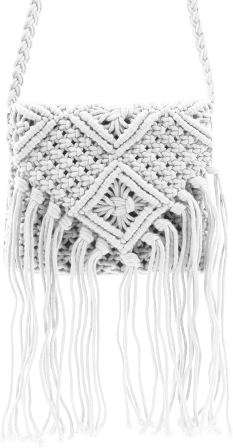 RARITYUS Women Cotton Crochet Tassel Crossbody Bag Handwoven Bohemian Shoulder Handbag Summer Beach Purse