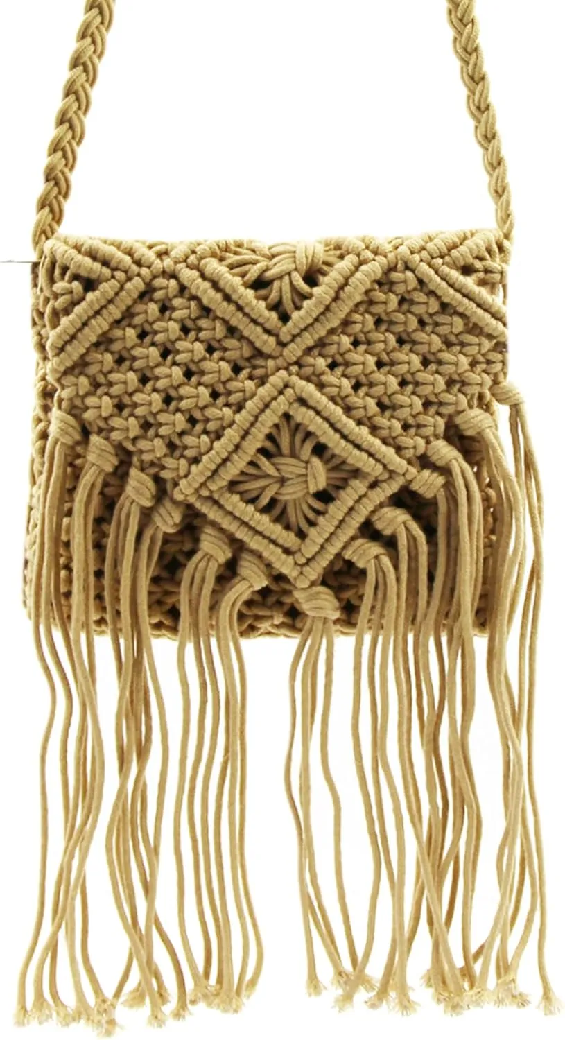 RARITYUS Women Cotton Crochet Tassel Crossbody Bag Handwoven Bohemian Shoulder Handbag Summer Beach Purse