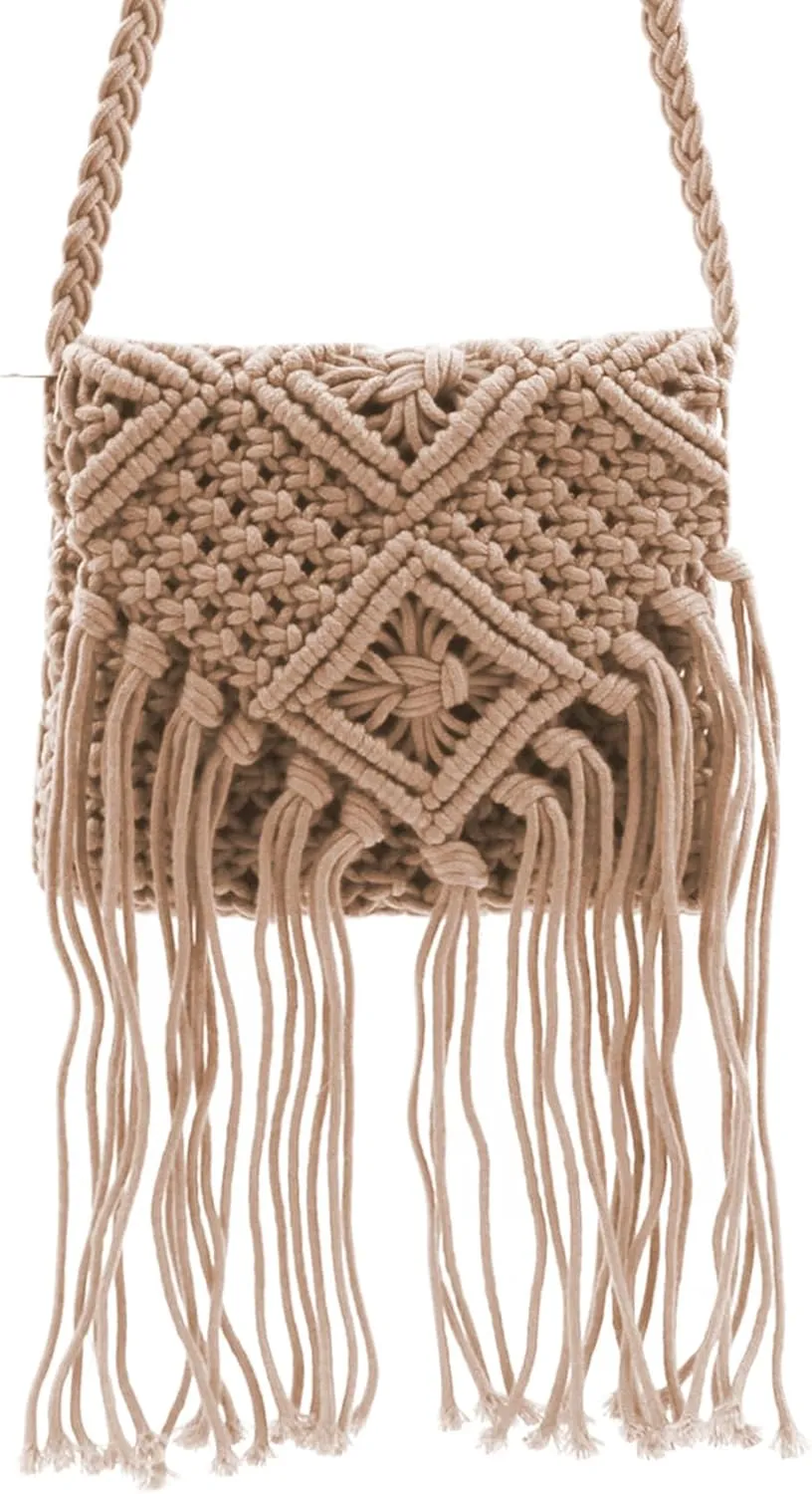 RARITYUS Women Cotton Crochet Tassel Crossbody Bag Handwoven Bohemian Shoulder Handbag Summer Beach Purse