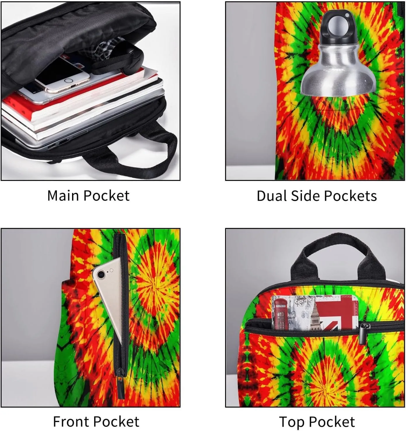 Rasta Tie Dye Rastafarian Jamaica Jamaican Casual Backpacks Laptop Backpack Outdoor Travel Rucksack Sport Carry-On Daypack Lightweight Bag with Multi-Pockets