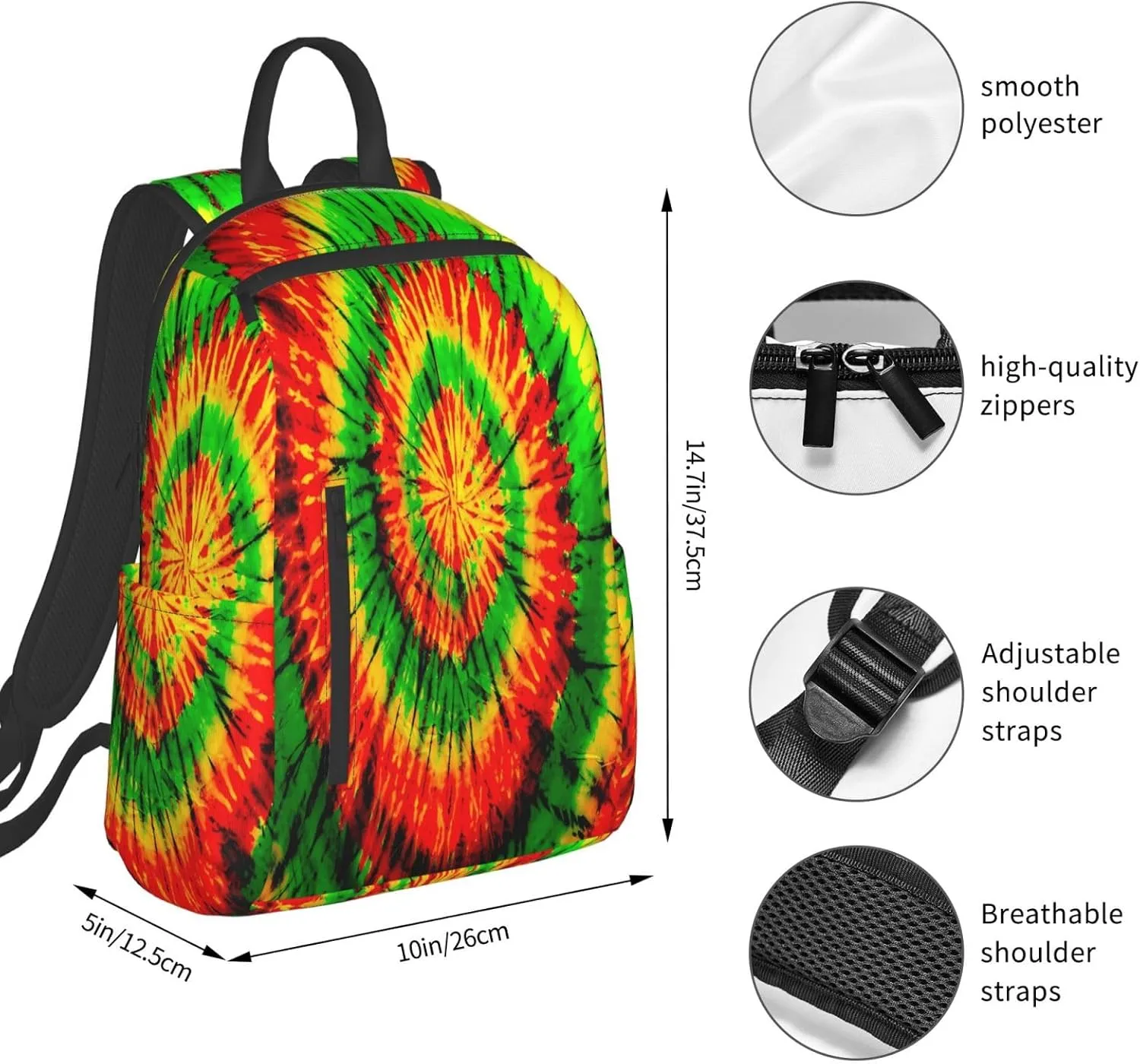 Rasta Tie Dye Rastafarian Jamaica Jamaican Casual Backpacks Laptop Backpack Outdoor Travel Rucksack Sport Carry-On Daypack Lightweight Bag with Multi-Pockets